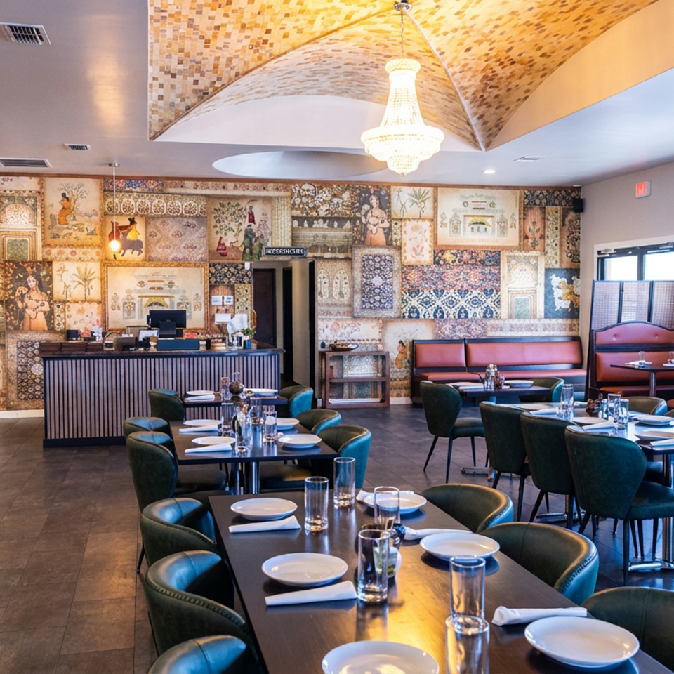 Elegant restaurant dining room with red leather booths, set tables, mosaic wall décor, and a sparkling chandelier.